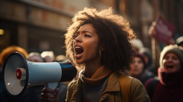 Jonge zwarte vrouw schreeuwt in een megafoon uit protest tegen racisme