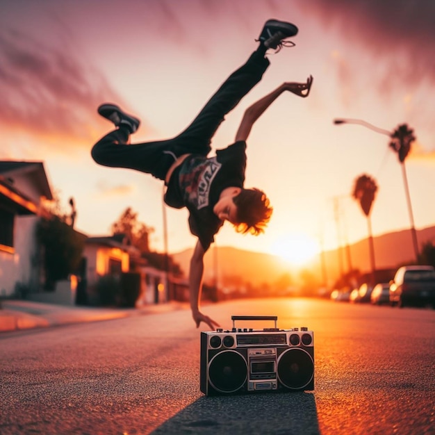 jongeman breakdance in de buurt van een gettoblaster in de straat van de buurt bij zonsondergang