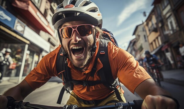 Jongeman glimlacht in de camera terwijl hij op een extreme mountainbike door de stad rijdt