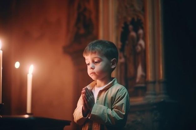 Jongen biddende kerk Menselijk vertrouwen Genereer Ai