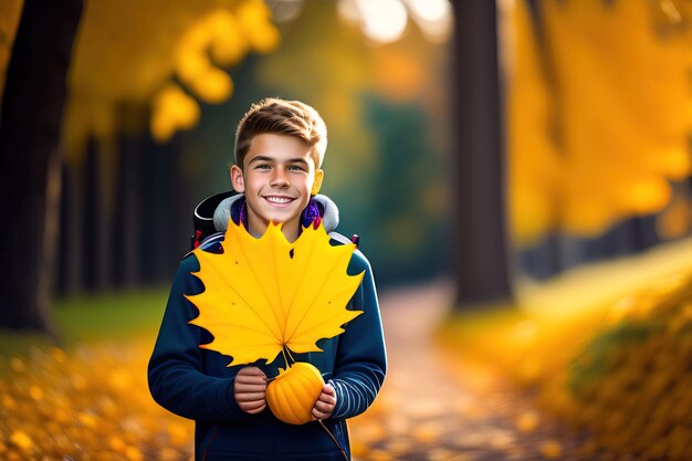 jongen die een geel blad vasthoudt met het woord herfst erop