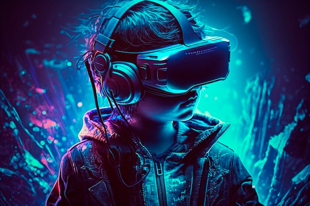 Jongen die een virtual reality-bril gebruikt om Metaverse videogame VR neon generatieve ai te spelen