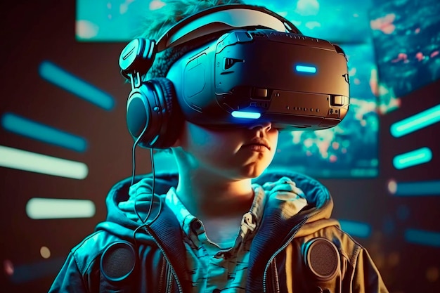 Jongen die een virtual reality-bril gebruikt om Metaverse videogame VR neon generatieve ai te spelen