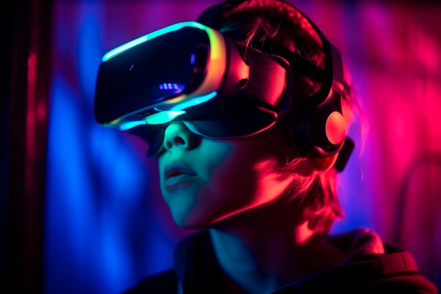 Jongen die een virtual reality-bril gebruikt om Metaverse-videogamekind te spelen met generatieve ai van het apparaat