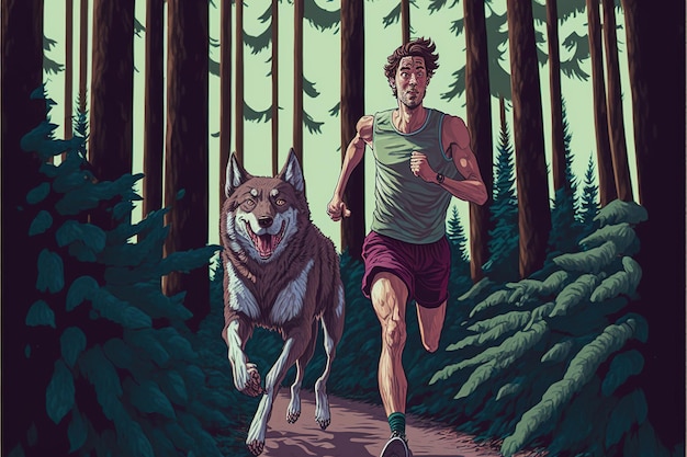 Jongen die in het donkere magische bos rent met zijn wilde dieren huisdier Een man rent in het bos met zijn legendarische wolf digitale kunststijl illustratie schilderij