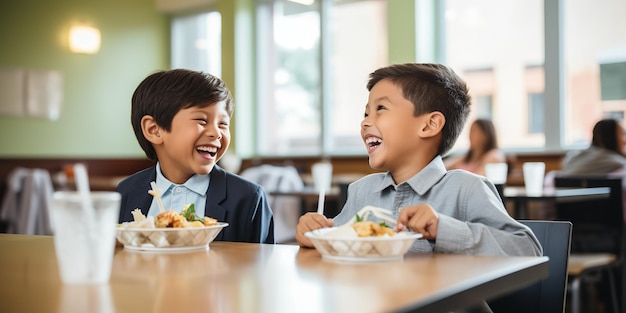 Jongen die lacht terwijl hij met een vriend zit tijdens de lunchpauze op school