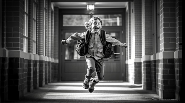 jongen die loopt en springt op school gelukkige jongen
