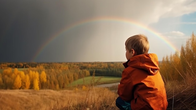 Jongen die op regenbooglandschap letten