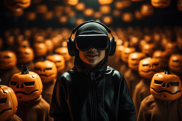Jongen draagt een virtual reality-headset en in Halloween-kostuums VR-bril Generatieve AI
