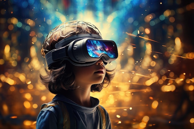 Jongen draagt een virtual reality headset VR-bril innovatieve technologie Generatieve AI