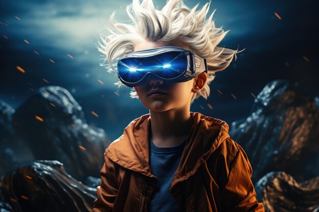 Jongen draagt een virtual reality headset VR-bril innovatieve technologie Generatieve AI