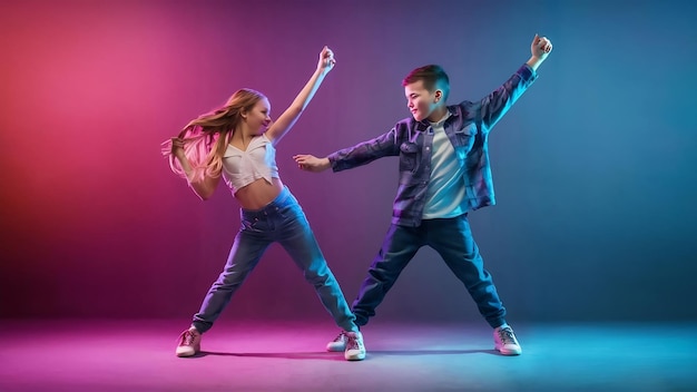 Jongen en meisje dansen hiphop in stijlvolle kleren op gradiënt achtergrond in de danszaal in neonlicht
