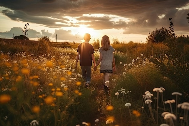 Jongen en meisje lopen op bloeiende veld in zonsondergang Romantische gevoelens en emoties Generatieve AI