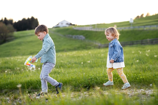 Jongen en meisje spelen met zeepbellen in een weiland