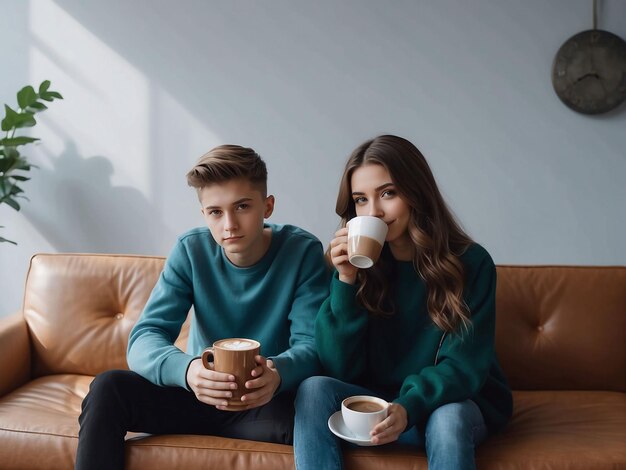 Jongen en meisje zitten met koffie in de hand.