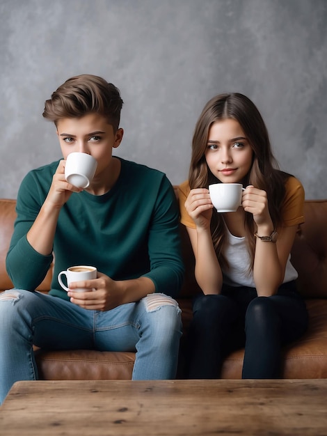 Jongen en meisje zitten met koffie in de hand.