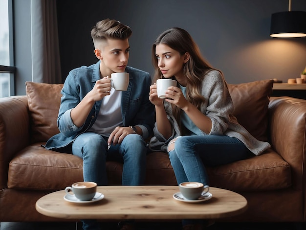 Jongen en meisje zitten met koffie in de hand.