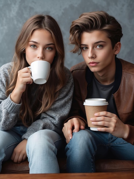Jongen en meisje zitten met koffie in de hand.