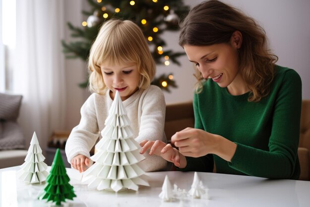 Jongen en zijn moeder maken kerstboom ambachten voor Cavalcade of the Magi en Geboorte scène