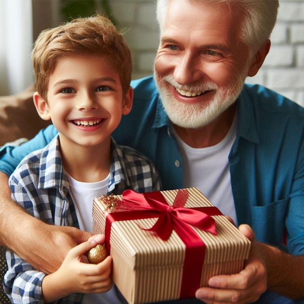 Jongen geeft een geschenk aan zijn grootvader ze glimlachen gelukkig