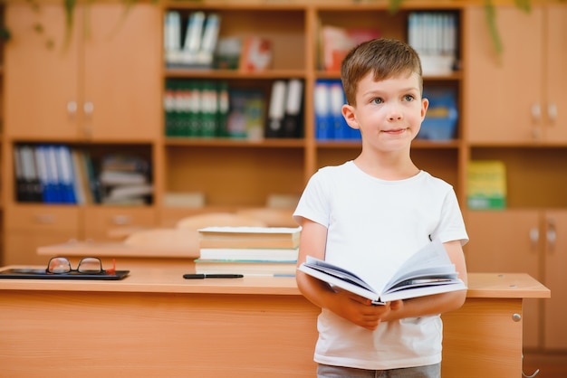 Jongen in de klas van de school. Het concept van scholing