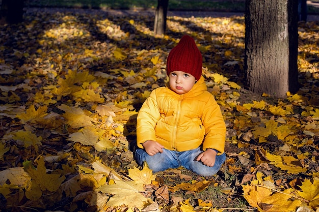 jongen in een geel jasje en een rode gebreide hoed zitten in het herfstbos