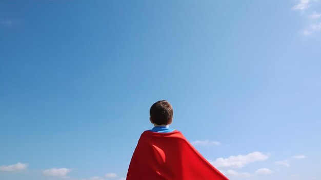 Jongen in een rode cape kijkt omhoog naar de lucht