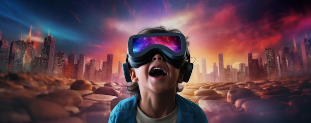 Foto jongen in futuristische vr-googles verkent de wereld met het gevoel dat hij in de ruimte is.
