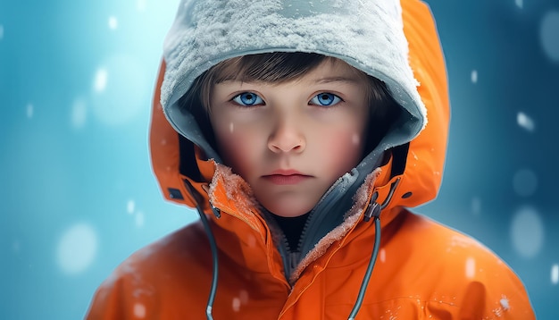 Jongen in oranje jas op een uniforme achtergrond