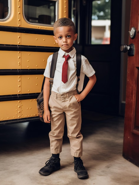 Jongen in outfit voor de eerste schooldag bij de schoolbus Terug naar school Generatieve ai