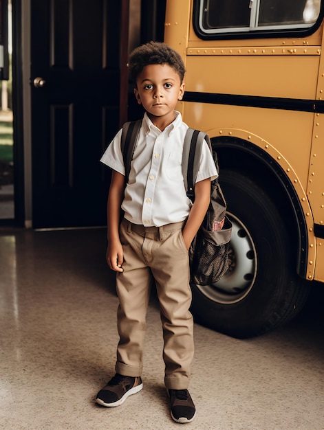 Jongen in outfit voor de eerste schooldag bij de schoolbus Terug naar school Generatieve ai