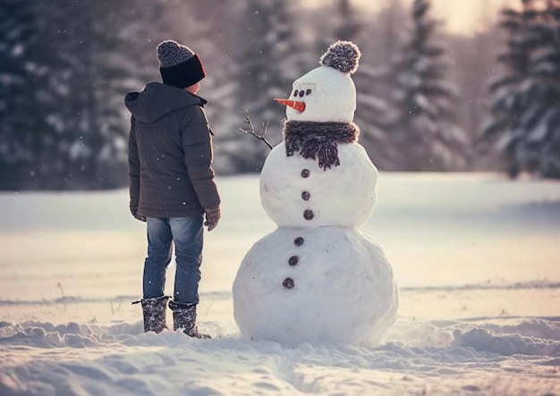 Foto jongen kijkt naar de zonsondergang na het bouwen van een sneeuwman op een koude winterdag