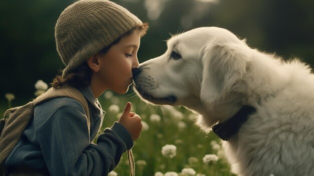 Foto jongen kussende hond