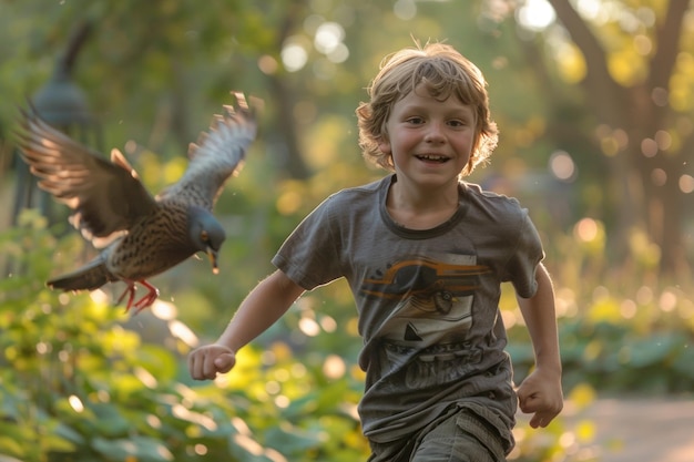 Jongen loopt gelukkig en opgewonden achter een vogel in het park aan.