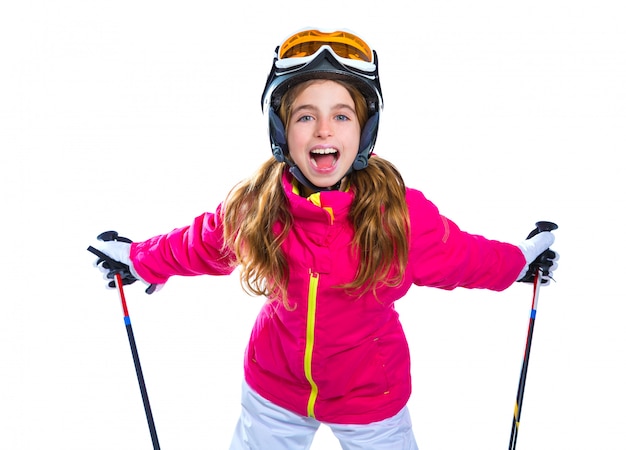 jongen meisje met skistokken helm en bril glimlachen op wit