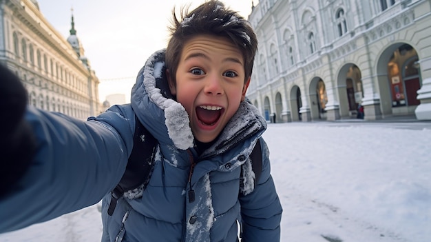 jongen met actiecamera in de winter Wenen Oostenrijk