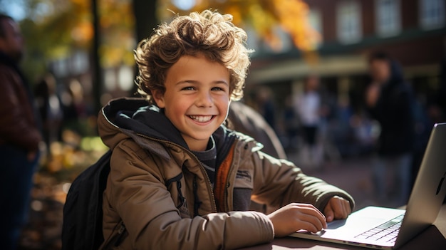 Foto jongen met behulp van laptop zitten in universiteit glimlachen