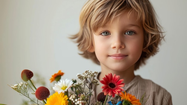 jongen met bloemboeket op minimalistische achtergrond met kopieerruimte