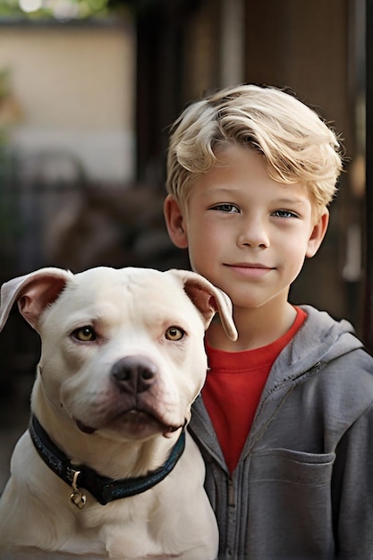 jongen met blond haar en grijze ogen die met zijn pitbullhond staat en er ondeugend uitziet