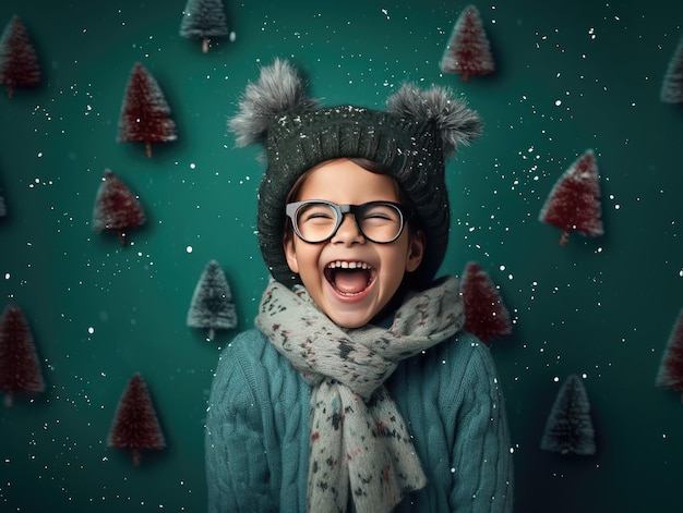 Foto jongen met een bril die lacht naar de camera in winterkleding en kerstatmosfeer