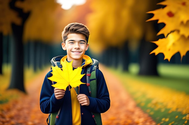 jongen met een geel blad in zijn handen