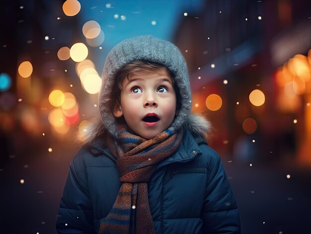 Jongen met een verbaasde blik op zijn gezicht Bokeh van kerstverlichting op de achtergrond