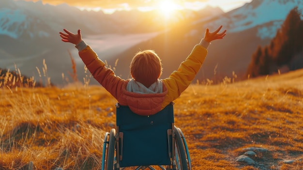 Foto jongen met opgeheven handen zit op een rolstoel en geniet van de zonsondergang met bergen op de achtergrond