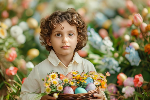 jongen met paasmand met eieren en bloemen bloemen achtergrond