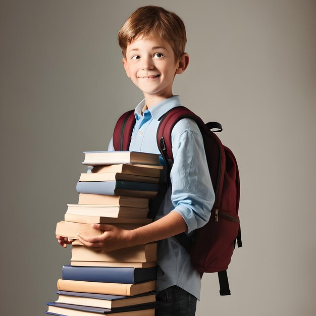 jongen met rugzak met stapel boeken