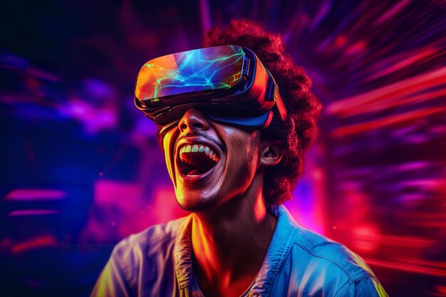 jongen met vr-bril op neon achtergrond