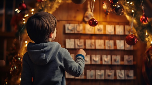 jongen opent een adventskalender tegen banner achteruitzicht hoge kwaliteit