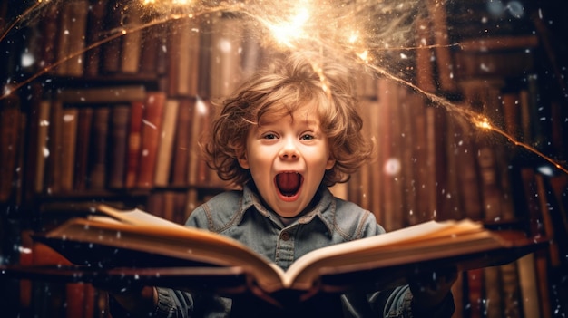 Jongen opgewonden met een geopend magisch boek met een golf van astrale magische elementen die uit het Generatieve AI-beeldweber stromen