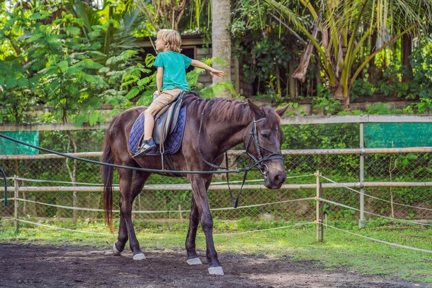 Jongen paardrijden die oefeningen te paard uitvoert