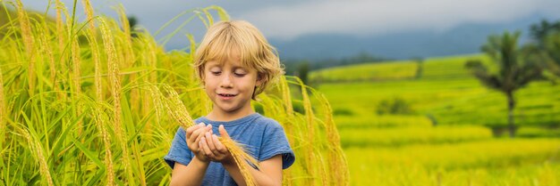 Jongen reiziger op mooie Jatiluwih rijstterrassen tegen de achtergrond van beroemde vulkanen in Bali, Indonesië Reizen met kinderen concept BANNER, lang formaat